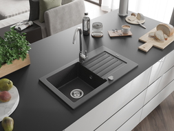 Mexen Pablo évier en granit à 1 cuve avec égouttoir 752 x 436 mm, Noir moucheté - 6510751010-76