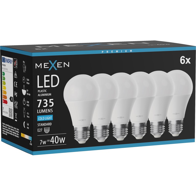Mexen Nova 6x Ampoule LED E27, A60, 7W, Froide - 6500K, 735 lm - L100-E27-0765-01x06
