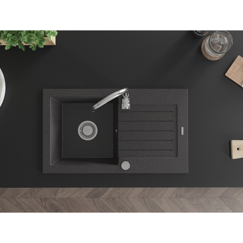 Mexen Pablo évier en granit à 1 bac avec égouttoir 752 x 436 mm, noir moucheté, siphon chromé - 6510751010-76