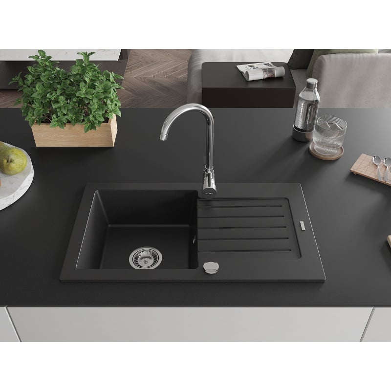 Mexen Pablo évier en granit 1 bac avec égouttoir 752 x 436 mm, noir, siphon chromé - 6510751010-77