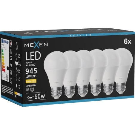 Mexen Nova 6x Ampoule LED E27, A60, 9W, Chaude - 3000K, 945 lm - L100-E27-0930-01x06