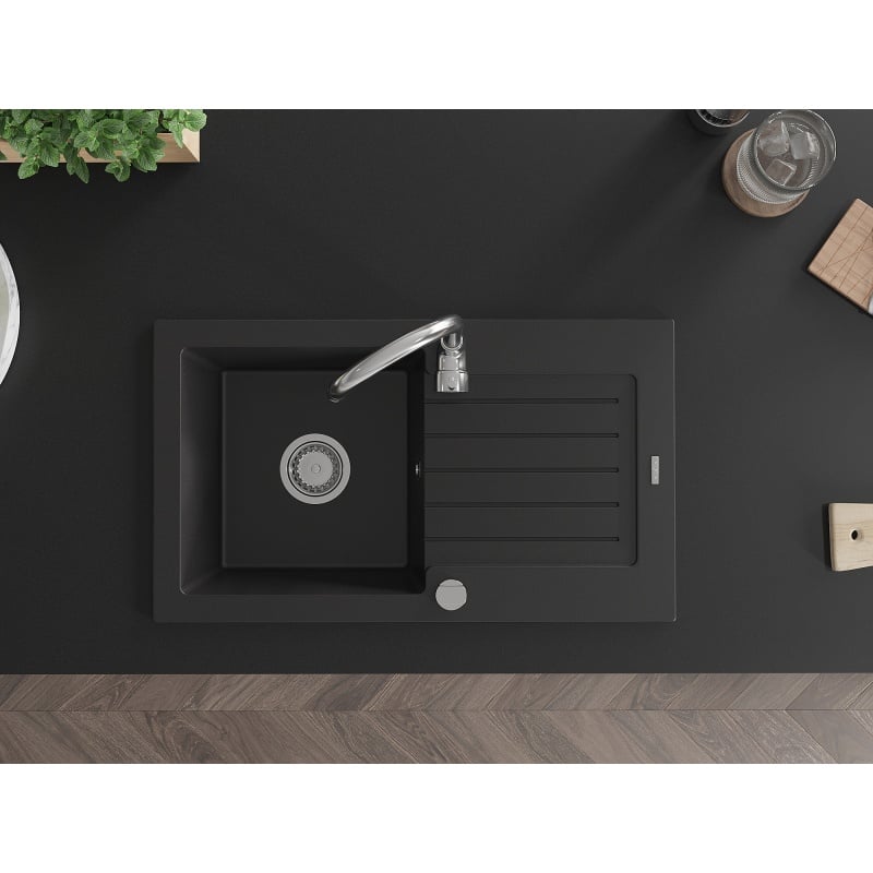 Mexen Pablo évier en granit 1 bac avec égouttoir 752 x 436 mm, noir, siphon chromé - 6510751010-77