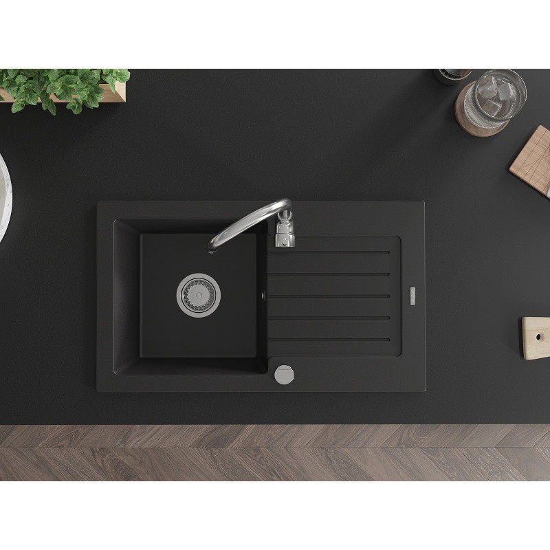 Mexen Pablo évier en granit à 1 bac avec égouttoir 752 x 436 mm, noir, siphon chromé - 6510751010-77