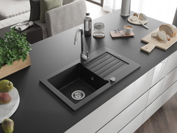 Mexen Pablo évier en granit à 1 cuve avec égouttoir 752 x 436 mm, Noir - 6510751010-77