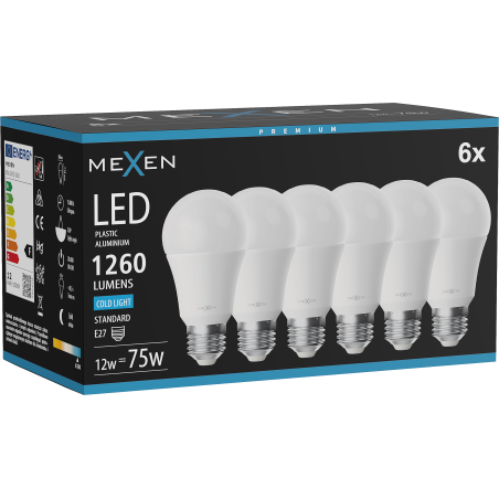 Mexen Nova 6x Ampoule LED E27, A60, 12W, Froid - 6500K, 1260 lm - L100-E27-1265-01x06