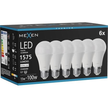 Mexen Nova 6x Ampoule LED E27, A60, 15W, Neutre - 4000K, 1575 lm - L100-E27-1540-01x06