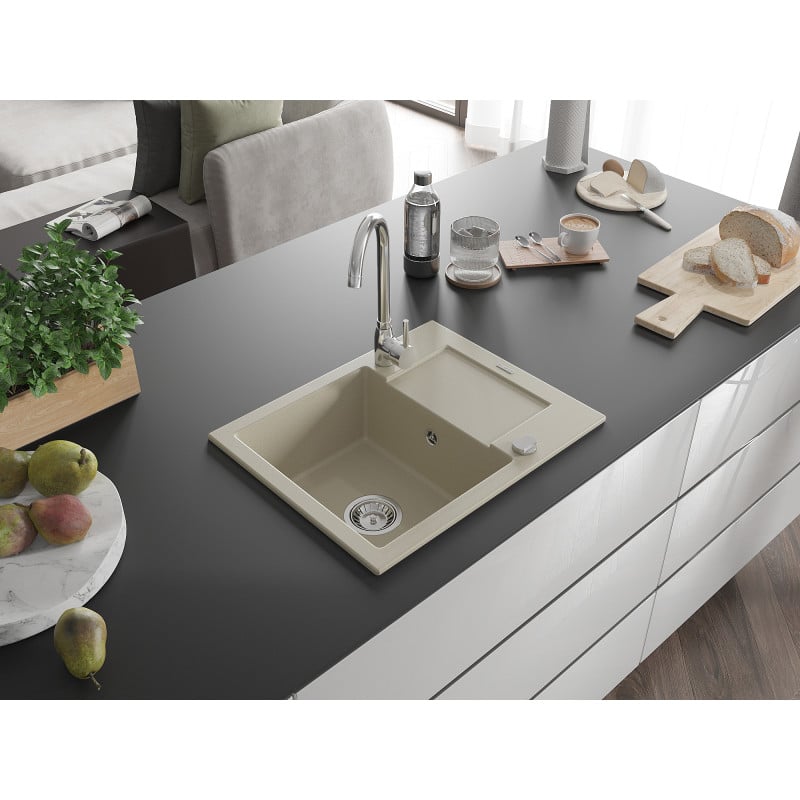 Mexen Enzo évier en granit 1 bac avec égouttoir 576 x 465 mm, beige, siphon chromé - 6506571005-69