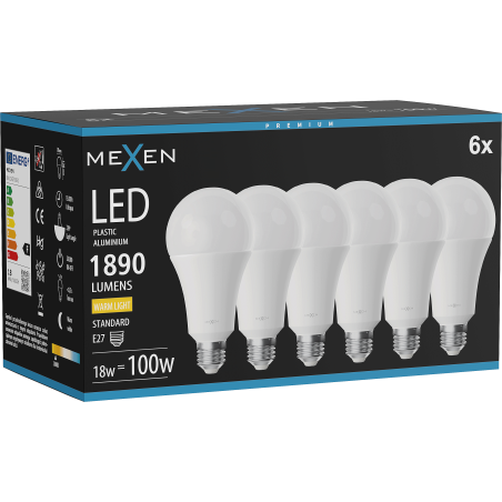 Mexen Nova 6x Ampoule LED E27, A70, 18W, Chaude - 3000K, 1890 lm - L100-E27-1830-01x06