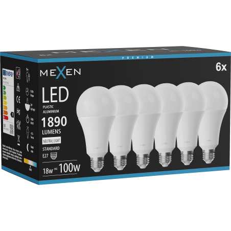 Mexen Nova 6x Ampoule LED E27, A70, 18W, Neutre - 4000K, 1890 lm - L100-E27-1840-01x06