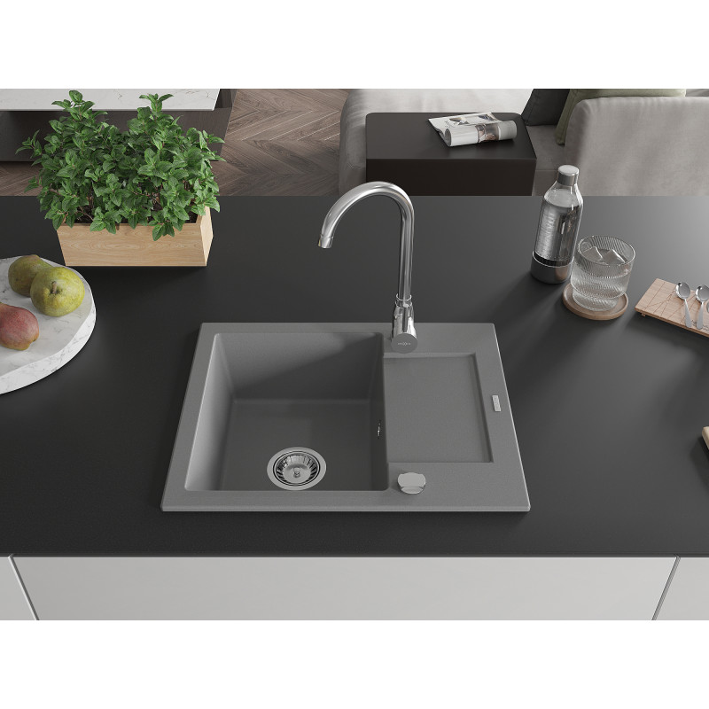 Mexen Enzo évier en granit à 1 bac avec égouttoir 576 x 465 mm, gris, siphon chromé - 6506571005-71