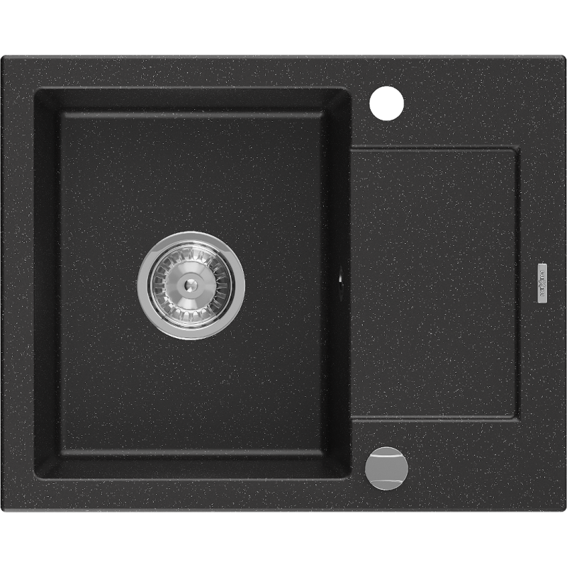 Mexen Enzo évier de cuisine en granit à 1 bac avec égouttoir 576 x 465 mm, noir/argent métallisé, siphon chromé - 6506571005-73