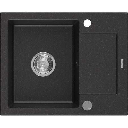 Mexen Enzo évier de cuisine en granit à 1 bac avec égouttoir 576 x 465 mm, noir/argent métallisé, siphon chromé - 6506571005-73