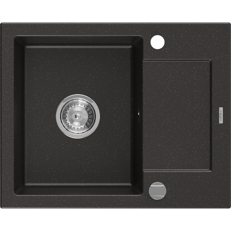 Mexen Enzo évier en granit 1 bac avec égouttoir 576 x 465 mm, noir/doré métallisé, siphon chromé - 6506571005-75