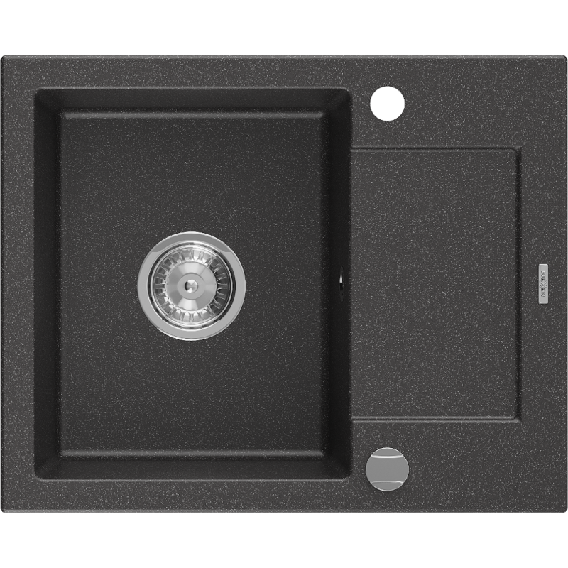 Mexen Enzo évier en granit à 1 bac avec égouttoir 576 x 465 mm, noir moucheté, siphon chromé - 6506571005-76