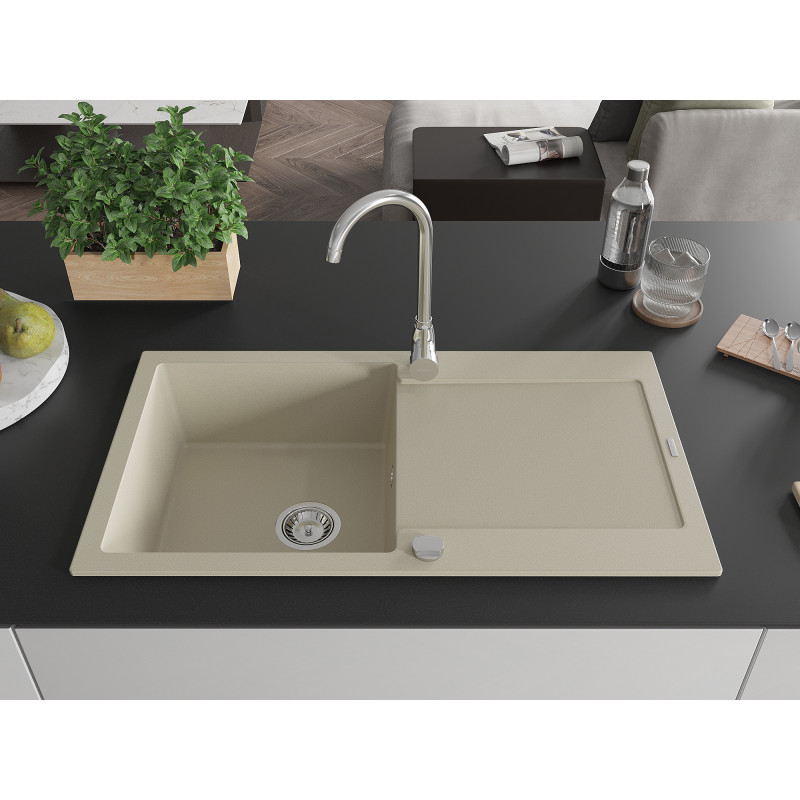 Mexen Leo évier en granit à 1 bac avec égouttoir 900 x 500 mm, beige, siphon chromé - 6501901010-69