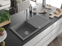 Mexen Leo évier de cuisine en granit 1 bac avec égouttoir 900 x 500 mm, gris, siphon chromé - 6501901010-71