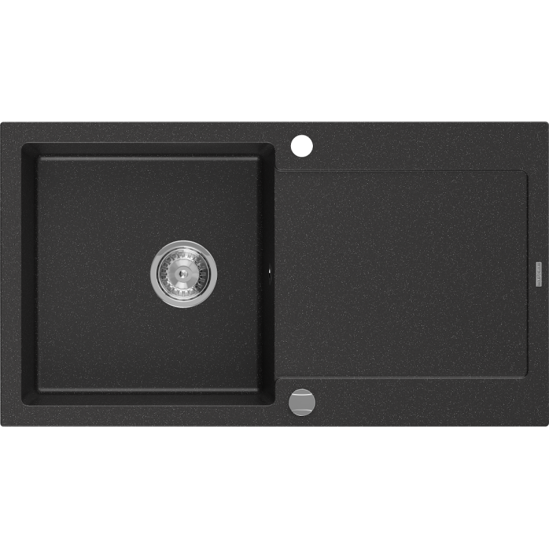 Mexen Leo évier en granit à 1 bac avec égouttoir 900 x 500 mm, noir/métallisé argent, siphon chromé - 6501901010-73