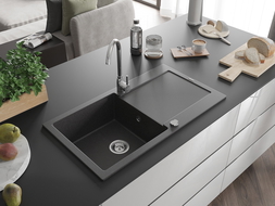 Mexen Leo évier en granit à 1 cuve avec égouttoir 900 x 500 mm, Noir moucheté - 6501901010-76