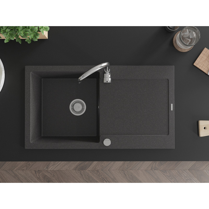 Mexen Leo évier en granit à 1 bac avec égouttoir 900 x 500 mm, noir moucheté, siphon chromé - 6501901010-76