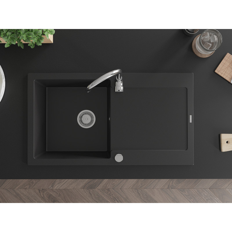 Mexen Leo Évier en granit à 1 bac avec égouttoir 900 x 500 mm, noir, siphon chromé - 6501901010-77