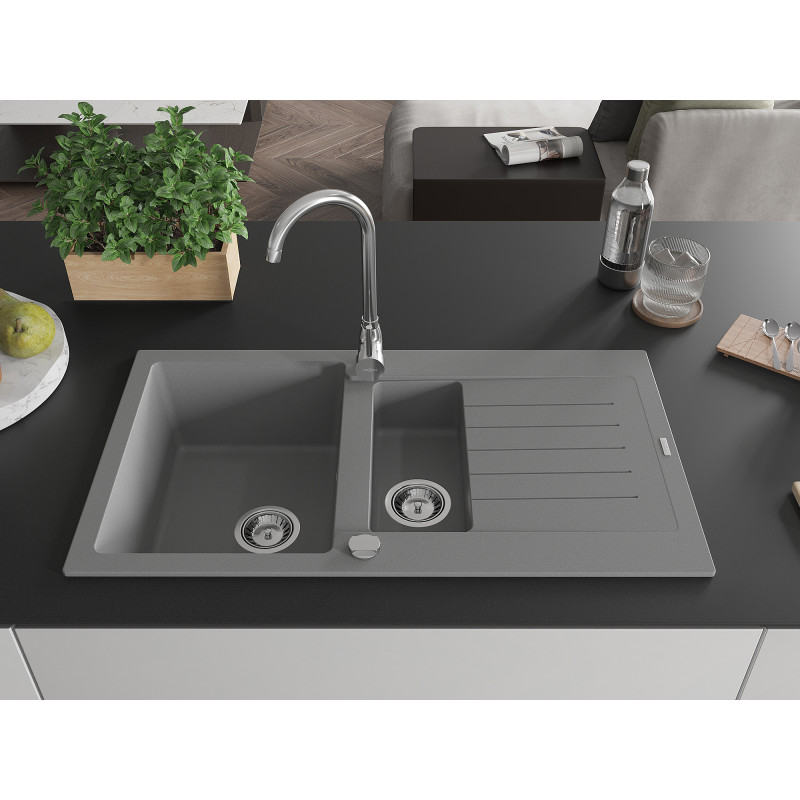 Mexen Matias évier en granit 1,5 bac avec égouttoir 900 x 505 mm, gris, siphon chromé - 6502901505-71