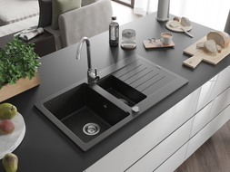 Mexen Matias évier de cuisine en granit 1,5 bac avec égouttoir 900 x 505 mm, noir/doré métallique, siphon chromé