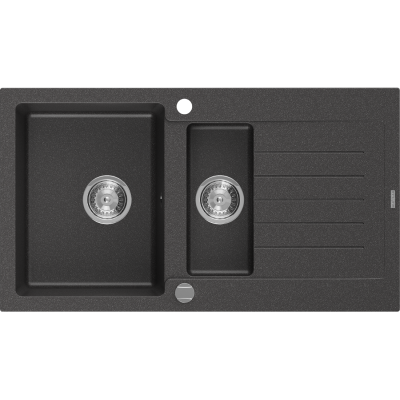Mexen Matias évier en granit 1,5 bac avec égouttoir 900 x 505 mm, noir moucheté, siphon chrome - 6502901505-76