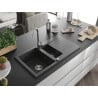 Mexen Matias évier en granit 1,5 bac avec égouttoir 900 x 505 mm, noir moucheté, siphon chrome - 6502901505-76