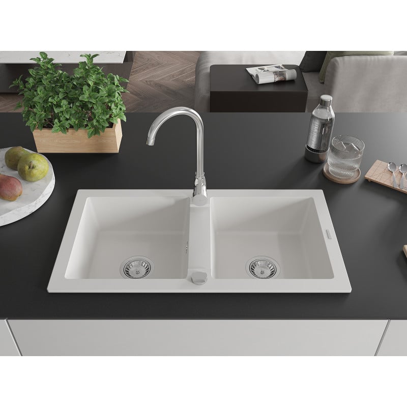 Mexen Mario évier en granit à 2 bacs 820 x 436 mm, blanc, siphon chromé - 6504822000-20