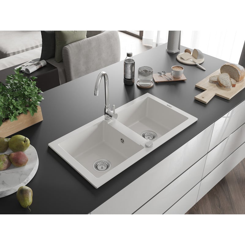 Mexen Mario évier en granit à 2 bacs 820 x 436 mm, blanc, siphon chromé - 6504822000-20