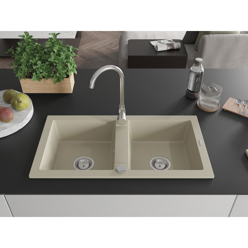 Mexen Mario évier en granit à 2 bacs 820 x 436 mm, beige, siphon chromé - 6504822000-69