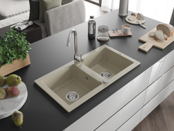 Mexen Mario évier en granit à double bac 820 x 436 mm, beige, siphon chromé - 6504822000-69