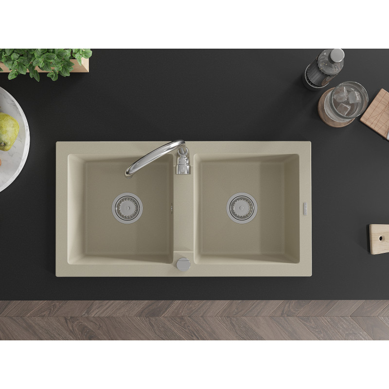 Mexen Mario évier en granit à 2 bacs 820 x 436 mm, beige, siphon chromé - 6504822000-69