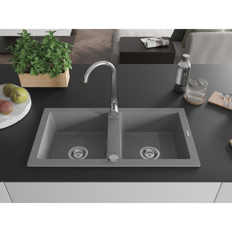 Mexen Mario évier en granit à 2 bacs 820 x 436 mm, gris, siphon chromé - 6504822000-71