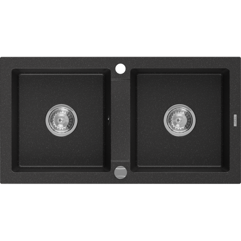 Mexen Mario Évier de cuisine en granit à 2 bacs 820 x 436 mm, noir/métallisé argenté, siphon chromé - 6504822000-73