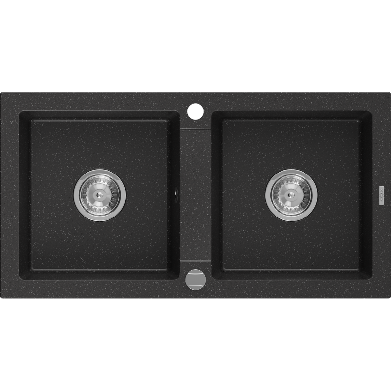 Mexen Mario évier en granit 2 bacs 820 x 436 mm, noir/argent métallique, siphon chromé - 6504822000-73