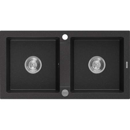 Mexen Mario Évier de cuisine en granit à 2 bacs 820 x 436 mm, noir/métallisé argenté, siphon chromé - 6504822000-73