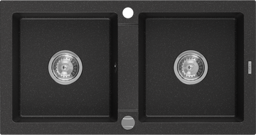 Mexen Mario Évier de cuisine en granit à 2 bacs 820 x 436 mm, noir/métallisé argenté, siphon chromé - 6504822000-73