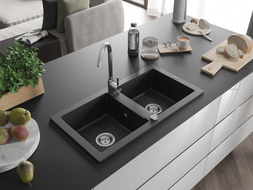 Mexen Mario Évier de cuisine en granit à 2 bacs 820 x 436 mm, noir/métallisé argenté, siphon chromé - 6504822000-73