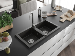 Mexen Mario évier en granit 2 bacs 820 x 436 mm, noir/or métallisé, siphon chromé - 6504822000-75