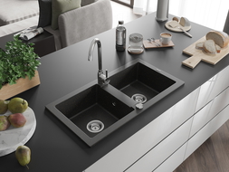 Mexen Mario évier en granit à 2 cuves 820 x 436 mm, Noir/Or métallique - 6504822000-75