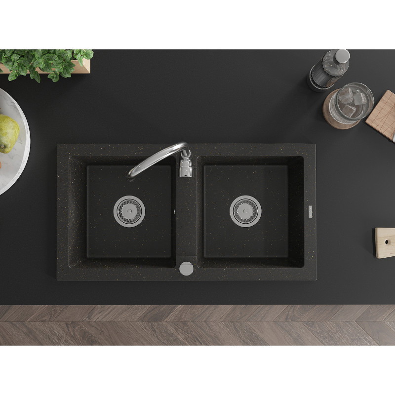 Mexen Mario évier en granit 2 bacs 820 x 436 mm, noir/or métallisé, siphon chromé - 6504822000-75