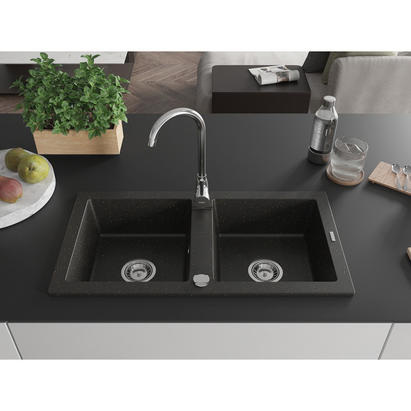 Mexen Mario évier en granit 2 bacs 820 x 436 mm, noir/or métallisé, siphon chromé - 6504822000-75