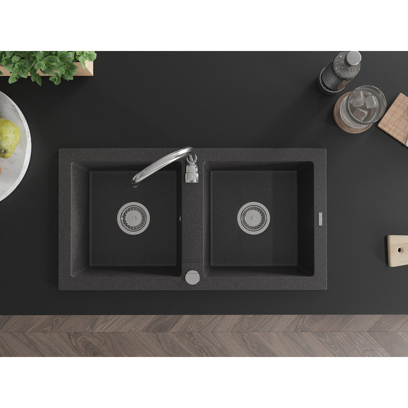 Mexen Mario évier en granit à 2 bacs 820 x 436 mm, noir moucheté, siphon chromé - 6504822000-76