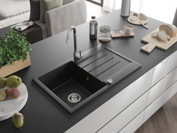 Mexen Bruno évier en granit à 1 cuve avec égouttoir 795 x 495 mm, Noir - 6513791010-77