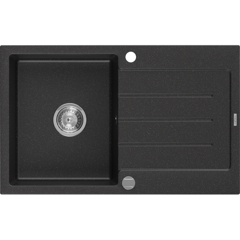 Mexen Bruno évier en granit 1 bac avec égouttoir 795 x 495 mm, noir/argent métallique, siphon chromé - 6513791010-73