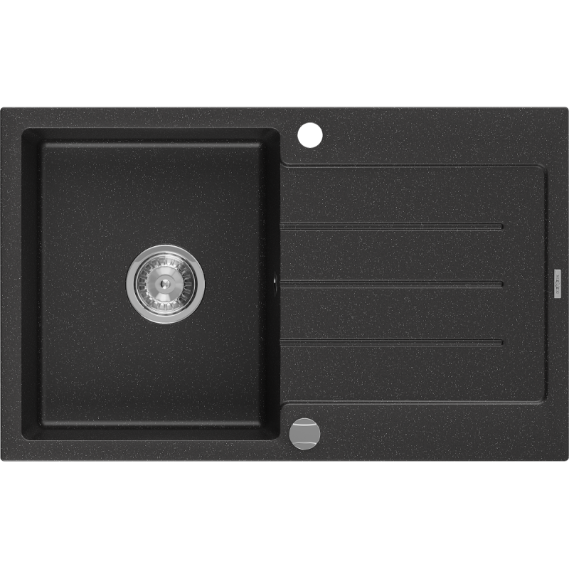 Mexen Bruno évier en granit 1 bac avec égouttoir 795 x 495 mm, noir/métallisé argenté, siphon chromé- 6513791010-73