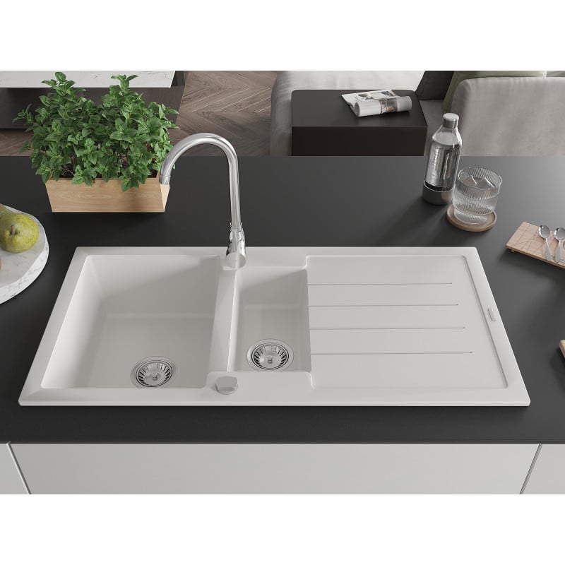 Mexen Andres évier en granit 1,5 bac avec égouttoir 1000 x 500 mm, blanc, siphon chromé - 6515101510-20