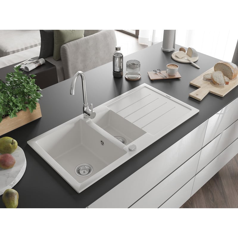 Mexen Andres évier en granit 1,5 bac avec égouttoir 1000 x 500 mm, blanc, siphon chromé - 6515101510-20