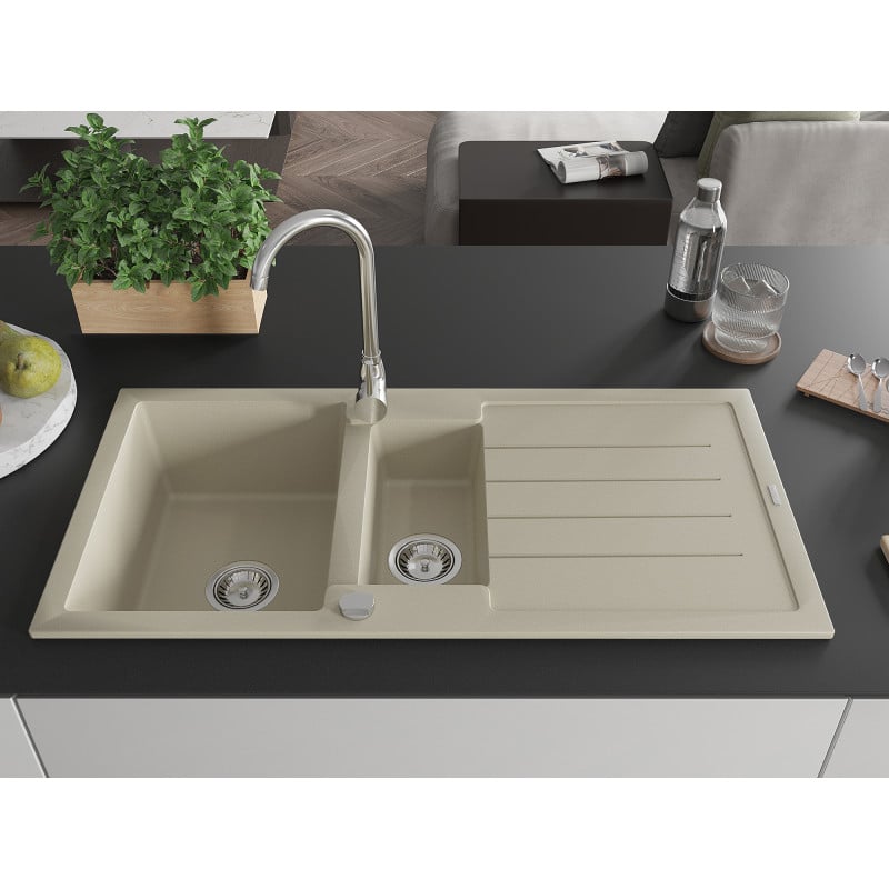 Mexen Andres évier en granit 1,5 bac avec égouttoir 1000 x 500 mm, beige, siphon chromé - 6515101510-69